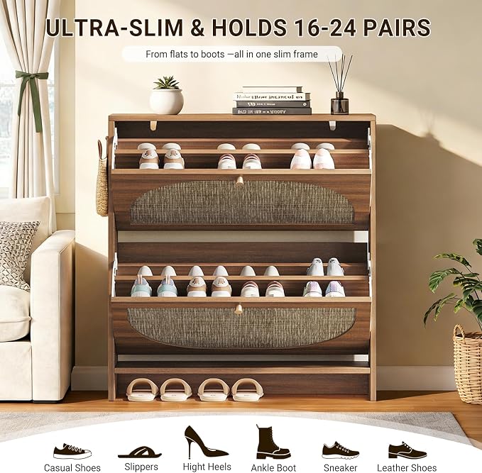 Nicetree Freestanding Ultra Slim Arched Rattan Accent Shoe Storage Cabinet for Entryway - 2 Flip Drawers & 3-Tier Adjustable Shelves, Farmhouse Modern Rustic Shoe Rack for Hallway Foyer,Oak - Image 5