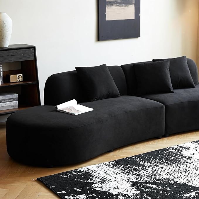 132" Curved Sofa with Throw Pillows, 6 Seater Luxury Velvet Couch with Half Moon Design and High-Density Foam, Ideal for Modern Living Room, Office & Apartment, Black
