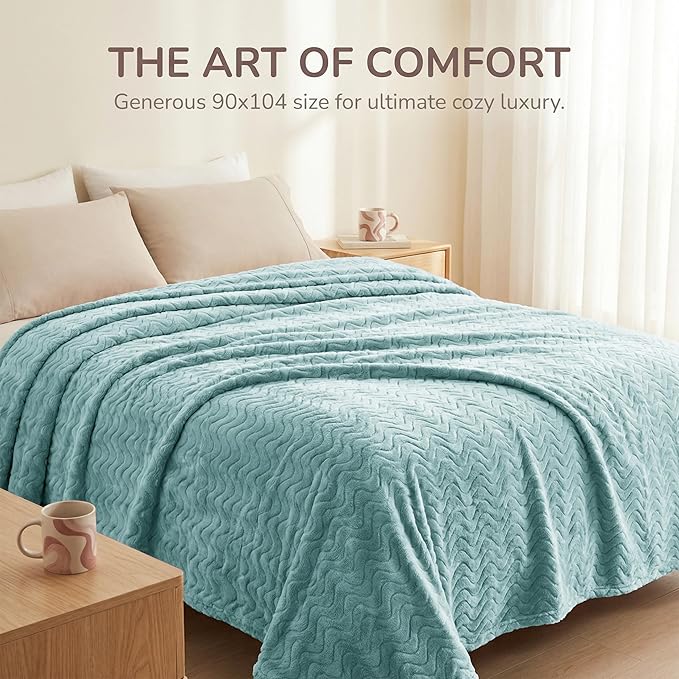 Exclusivo Mezcla King Blanket for Bed, Cozy Lightweight Fleece Blankets for All Season, Decorative Giftable Fuzzy Plush Wave Textured Suitable for Women, Men, Celadon, 90x104 Inches