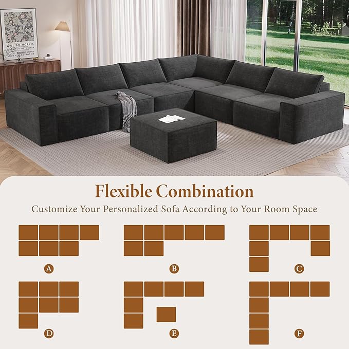 Vesgantti 143.7" Boneless Couch for Living Room, 6 Seater Modular Sectional Sofa with Ottoman & Deep Seat, Convertible Chenille Oversized Cloud Couches, No Assembly Required, Dark Grey