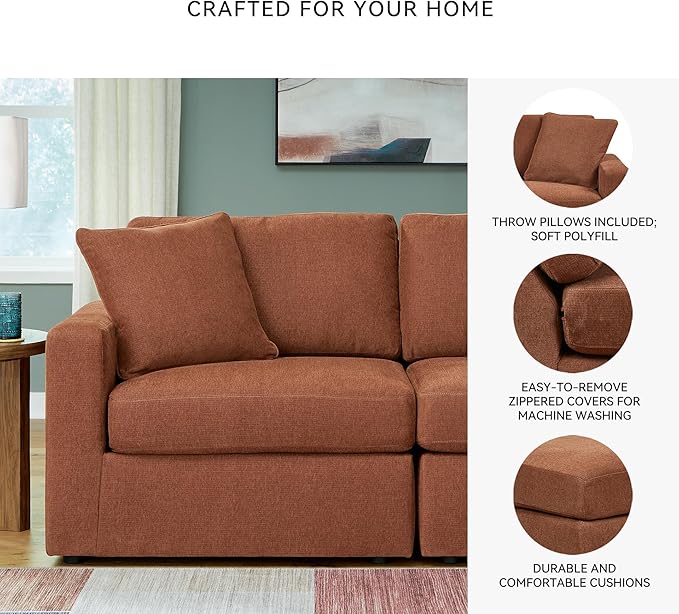 Signature Design by Ashley Modmax Urban Modular Stain Resistant 4-Piece Sectional with Audio Console, Drawer Storage, USB Ports and 2 Accent Pillows, Orange