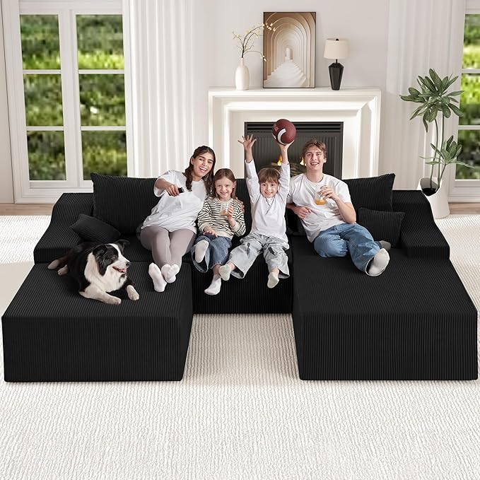 HABUTWAY U Shaped Modular Sectional Couch for Living Room, Modular Cloud Sofa with Ottoman, No Assembly Boneless Couches with Deep Seat, Corduroy Fabric (Black, Right Facing)