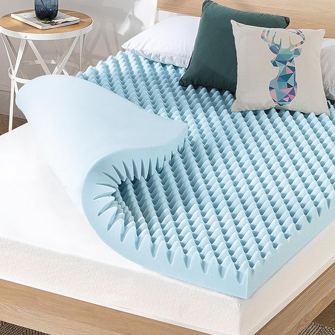 Best Price Mattress 4 Inch Egg Crate Memory Foam Mattress Topper with Cooling Gel Infusion, CertiPUR-US Certified, Dorm Essentials, Queen, Light Blue