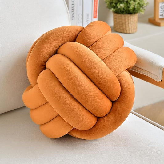 LUSJNGE Decorative Throw Knot Pillow Ball for Home Chair Sofa Aesthetic Round Velvet Knotted Pillow Cushion (Caramel, 11inches)