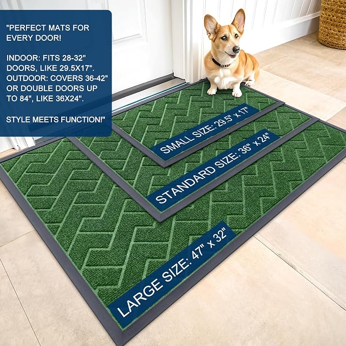 OLANLY Front Door Mat Indoor Outdoor Entrance, Waterproof All-Season, All-Weather Doormat, Sturdy Natural Rubber, Low Profile, Easy Clean Patio Porch Entryway Mat, Herringbone Brick (Green, 71x23) - Image 2
