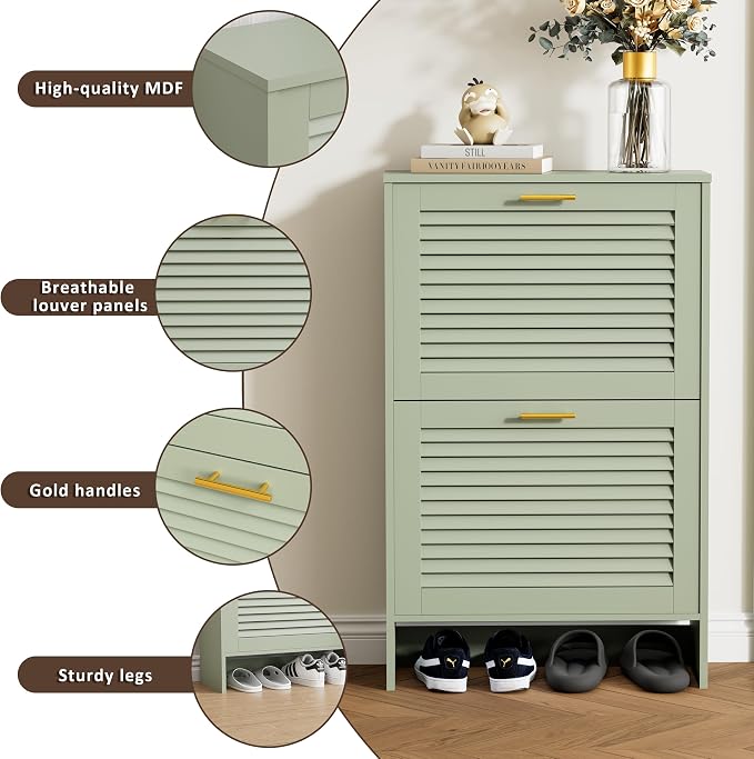 Shoe Cabinet Storage, Hidden Shoe Organizer, Modern Freestanding Organizer with 2 Flip Drawers Louvered Shoe Cabinet for Entryway (Green, 2 Drawers) - Image 5