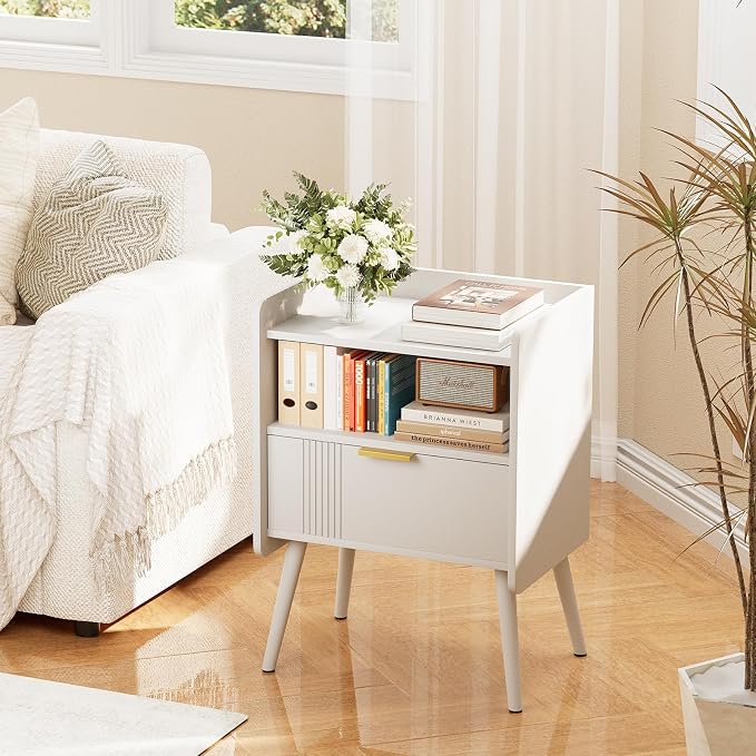 Aenuert Night Stand Modern End Table with Storage Drawer and Open Shelf, Small Bedside Table, Wooden Sofa Side Stand for Bedroom,Study Room and Small Spaces (White) - Image 3