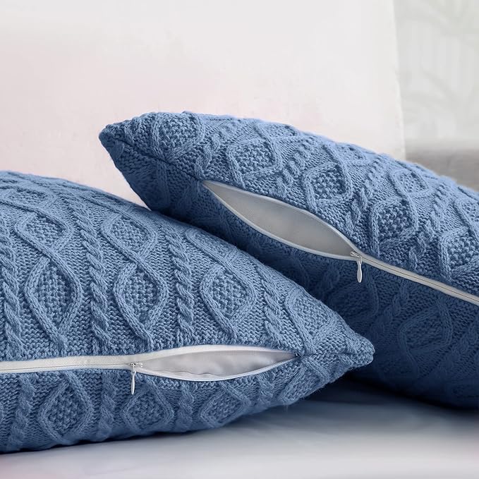 Homiest Cable Knit Throw Blanket and Pillow Set, Grayish Blue Throw Blanket Set of 3, Knitted Throw Blanket (50"x60") & 2 Pillow Covers (18"x18"), Soft & Cozy Decorative for Couch Sofa Bed