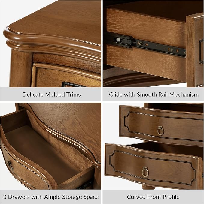 HULALA HOME Traditional Side Table with 3 Drawers, Tall Side Table with Curved Front Profle Desgin, Charging Station, Solid Wood Legs, SEADRIFT - Image 4