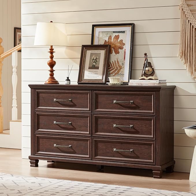 SAVOR LIFE Farmhouse Espresso 6 Drawer Dresser for Bedroom, 54 inch Wide Vintage Large Chest of Drawers with Wood Legs, Rustic TV Console for Living Room, Walnut Wooden Storage Closet Dressers - Image 5