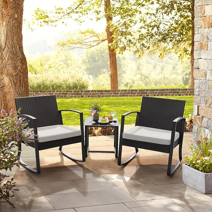 Homall Patio Furniture Set 3 Piece Resin Outdoor Bistro Set Rocking Patio Chairs with Cushions and Table for Porch, Poolside, Balcony and Yard (White) - Image 5
