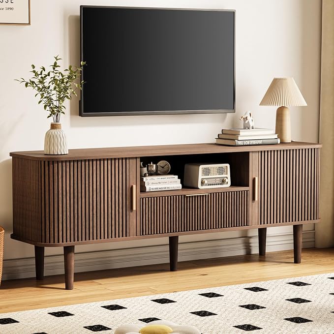Fluted TV Stand, 55 Inch Mid Century Modern Media Console Table with Sliding Tambour Door Farmhouse Sideboard Buffet Cabinet Fits TVs up to 60 inch, Wood Entertainment Center for Living Room by DamcropFurniture