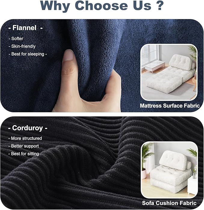 Folding Sofa Bed, Flannel Futon Couch Bed with Pillow and Blanket, Convertible Sleeper Chair for Living Room Bedroom, White