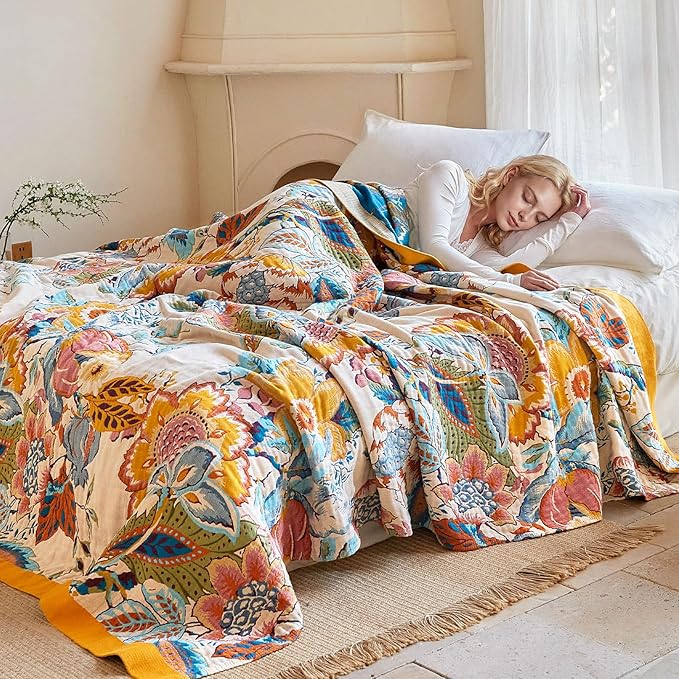 Boho Throw Blanket - 50"x60" 100% Cotton Ultra Soft Lightweight Spring Blanket, 4-Layer Breathable Muslin Blankets for Bed Couch, Reversible Green Floral Butterfly Printed Bohemian Cotton Quilt