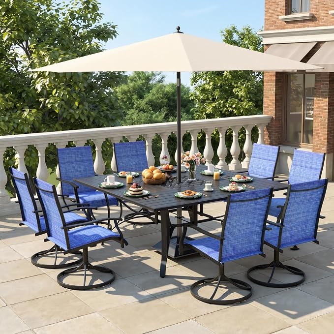 9 Pcs Patio Dining Set for 8, All Weather Outdoor Furniture Set, 59.6" Square Metal Dining Table with Umbrella Hole and 8 High Back Textilene Swivel Chairs for Deck Garden Lawn Poolside, Blue - Image 8