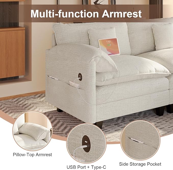 Modular Sectional Sofa, 108” Comfy Cloud Couch with Movable Ottoman | Charging Station | Side Pocket | Throw Pillow, Modern L-Shaped Couches for Living Room, Chenille, White
