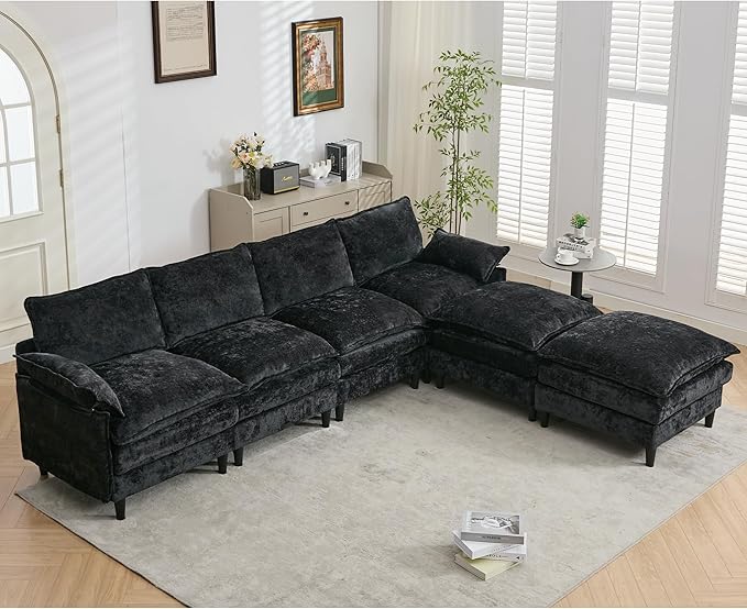 121-Inch U-Shaped Sectional Cloud Sofa Oversized Modular 6 Seaters Sofa Couch with 2 Ottoman Chaise and Pillow Armrest, Chenille Upholstered Convertible Cloud Couch