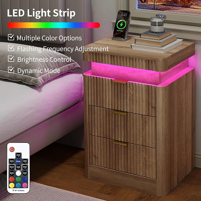 Yanosaku Night Stand Set of 2 with Charging Station, 3-Drawer Fluted LED Bedside Tables with Sliding Top & USB Outlets, Modern End Tables for Small Bedroom Living Room, Oak - Image 4