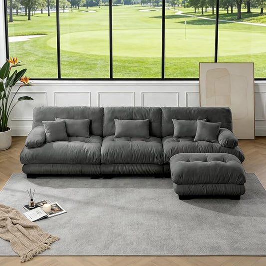 133.8" L-Shaped Cloud Couch, Oversized Modular Sectional Sofa, Deep Seat Cloud Boneless Couch, 3-Seat Modular Sectional Sofa with Ottoman or Living Room,Bedroom and Apartment, Gray