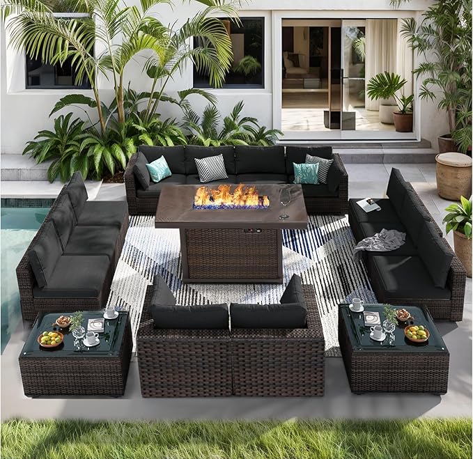 15 Pieces Patio Furniture Set with 44" Fire Pit Table, Rattan Outdoor Sectional Conversation Sets, All Weather Outdoor Furniture Set with Cushions for Garden Lawn Balcony Porch Deck Black