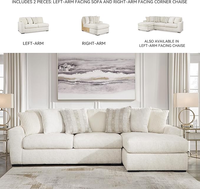 Signature Design by Ashley Chessington L-Shaped 2-Piece Sectional with Chaise, Reversible Cushions, 6 Accent Pillows, Fabric Upholstery, 120" W x 65" D x 40" H, White