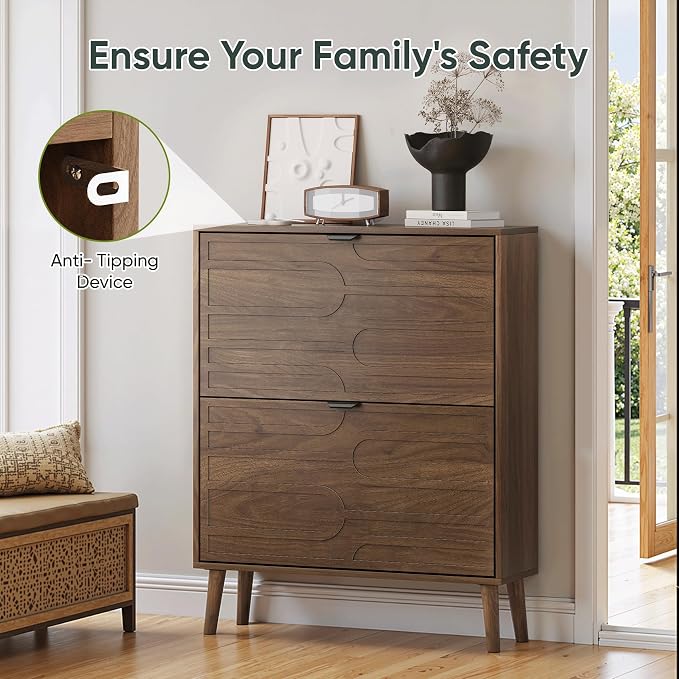 Smart FENDEE Shoe Cabinet with 2 Flip Drawers, Freestanding Shoe Storage Cabinet with Fluted Panel Design, Hidden Shoe Organizer Rack for Enterway, Hallway, Foyer, Brown - Image 4