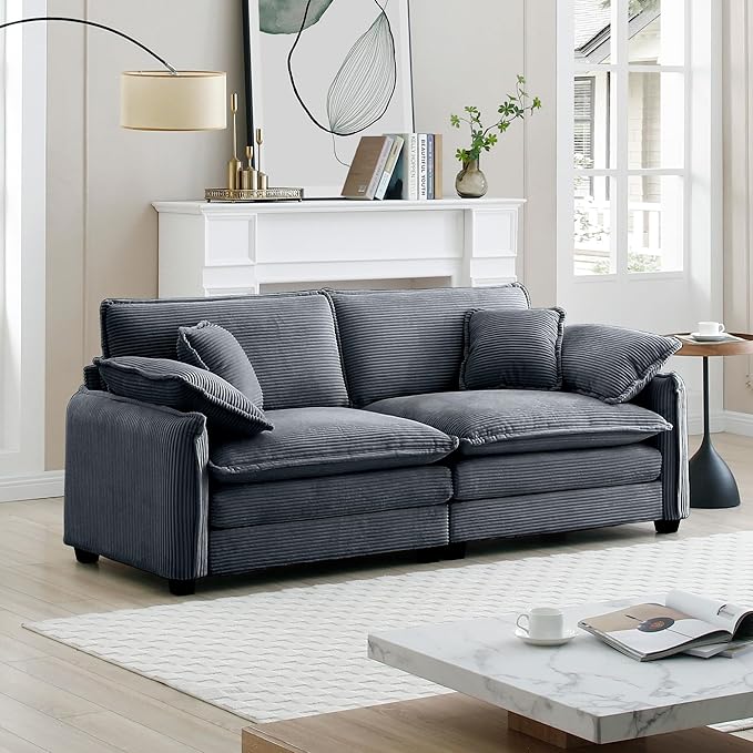 KEIKI 81" Oversized Corduroy Modular Sectional Loveseat Sofa with High-Density Foam Cushions, Removable Armrests, Upholstered Modern 2-Seater Fluffy Corner Couch with 4 Pillow, for Living Room, Grey
