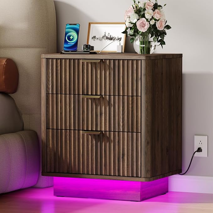 GOLDDAY Nightstands Set of 2 with Charging Station & LED Light, 3-Drawer Bedside Table with Outlets, Modern End Table with Open Shelf, for Bedroom, Home Office, Walnut - Image 2