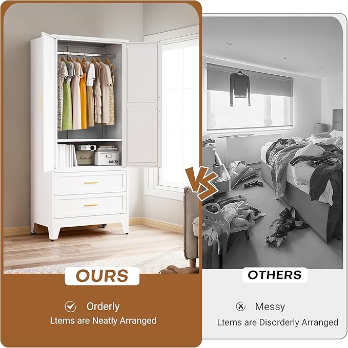 Metal Armoire Wardrobe Closet with 2 Drawers, 71" Wardrobe Cabinet with 1 Adjustable Shelf & 1 Hanging Rod for Bedroom, White Metal Closet Storage Cabinet with 2 Doors & 2 Drawers