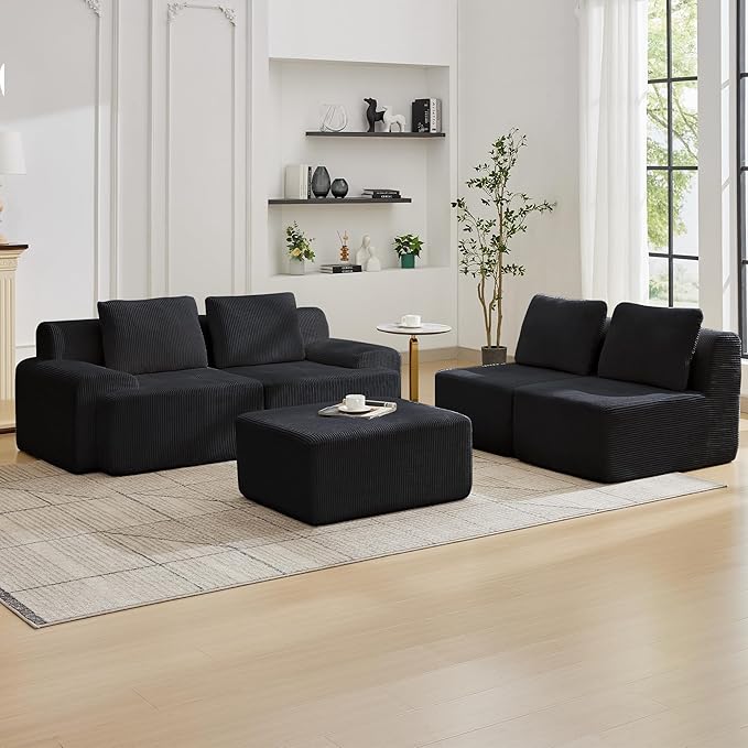 Modular Sectional Sofa with Movable Ottoman, 4 Seat Deep Seat Couch with 4 Pillows, Comfy Cloud Sectional Sofa for Living Room, Bedroom and Apartment (Black, 2 Left+2 Right+1 Ottoman)