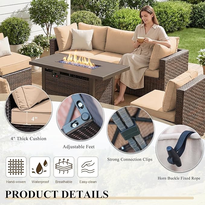 Patio Furniture Set 9 Pieces with 44" Fire Pit Table, Rattan Outdoor Sectional Conversation Sets, All Weather Outdoor Furniture Set with Cushions for Garden Lawn Balcony Porch Deck Beige