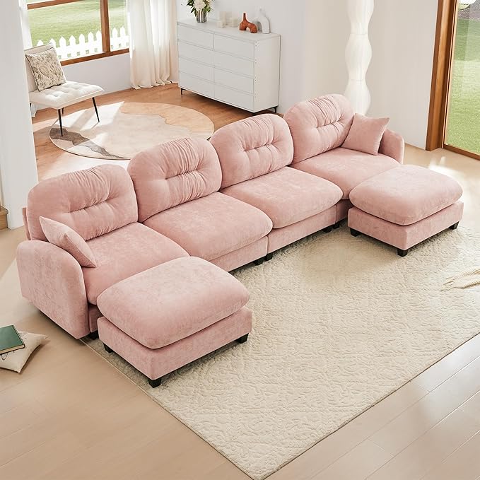 KEIKI 140" U-Shaped Oversized Chenille Modular Sectional Sofa with 2 Ottoman, High-Density Foam Cushions, Tufted Pleated Cushion Backrest, Modern 4-Seater Couch with 2 Pillow, for Living Room, Pink