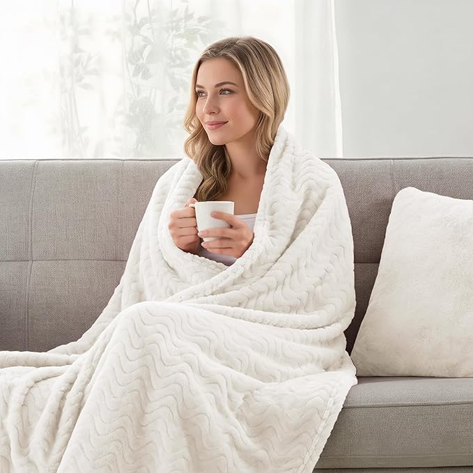 Exclusivo Mezcla Fleece Throw Blanket for Couch, Cozy Lightweight Blankets for All Season, Decorative Giftable Fuzzy Plush Wave Textured Throws for Women, Men, Ivory, 50x70 Inches
