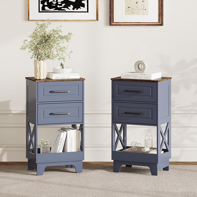 Tall Nightstand Set of 2 Side Table Modern Night Stand with 2 Drawers Wooden Rustic End Table Bedside Table with Upper Open Shelf Solid Feet for Bedroom Navy Blue+Walnut - Image 9