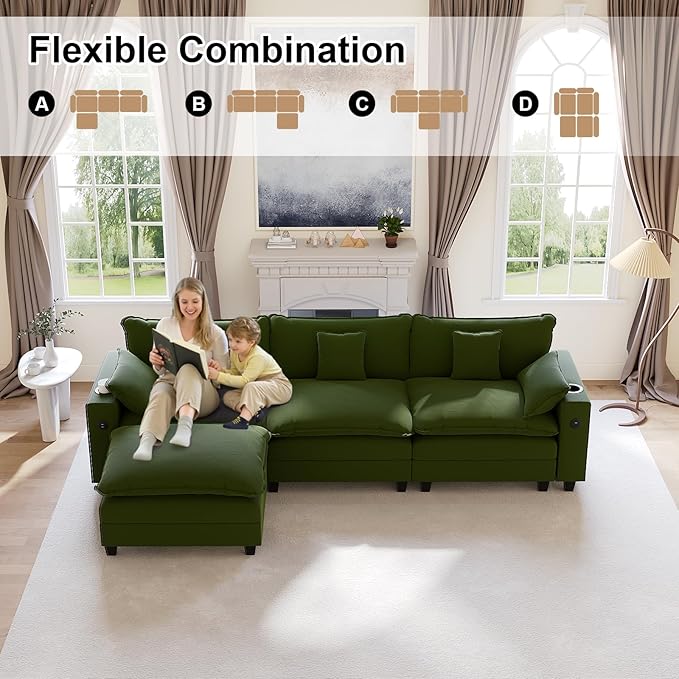 116" Modular Sectional Sofa, L Shaped Cloud Couch with Movable Ottoman, Chenille Deep Seat Cloud Sofa with Charging Station, Cup Holder, Side Pocket, Sectional Couches for Living Room, Green