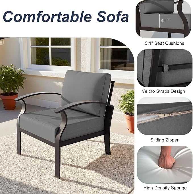 ALAULM Aluminum Patio Furniture Set with Propane Fire Pit Table 6-seat Metal Outdoor Furniture w/Swivel Chairs Patio Sectional Sofas w/5.1" Cushions for Patio, Backyard, Poolside-Grey