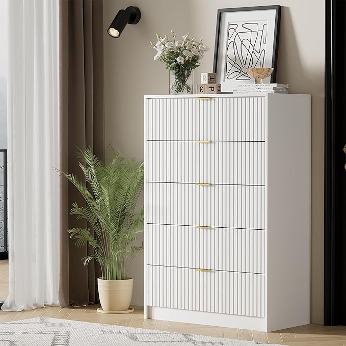 Furniway White Dresser Bedroom Set 3 Pieces, Nightstands Sets of 2, 5 Drawer Dresser with Gold Handles for Bedroom