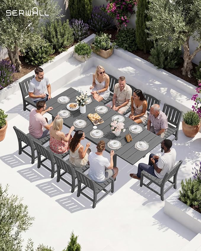 SERWALL 7-Piece Outdoor Dining Set, 60" - 83" Expandable Outdoor Dining Table and 6 HDPE Chairs, All Weather HDPE Outdoor Furniture Set for Backyard, Garden, Grey - Image 7