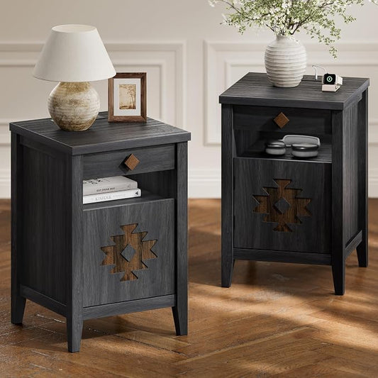 Nightstands Set of 2 with Charging Station and Drawers for Small Space,Wood Nightstand with Storage Cabinet & Drawer & Shelf, Modern and Farmhouse Night Stand for Bedroom,Black by Unknown