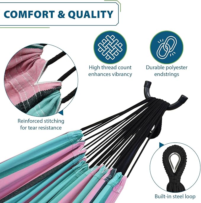 Vivere Double Cotton Hammock with Space Saving Steel Stand, Upgraded Polyester End Strings 450 lb Capacity - Premium Carry Bag Included - USA Grown Cotton (Watermelon) - Image 2