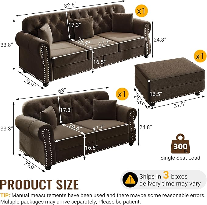 KEIKI 2-Piece Chesterfield Sofa Set with 1 Velvet 3-Seater Sofa & 1 Loveseat Sofa, Upholstered 5-Seater Couch Set with Nailhead Trim & Rolled Arms & 1 Ottoman & 5 Pillow, for Living Room, Brown