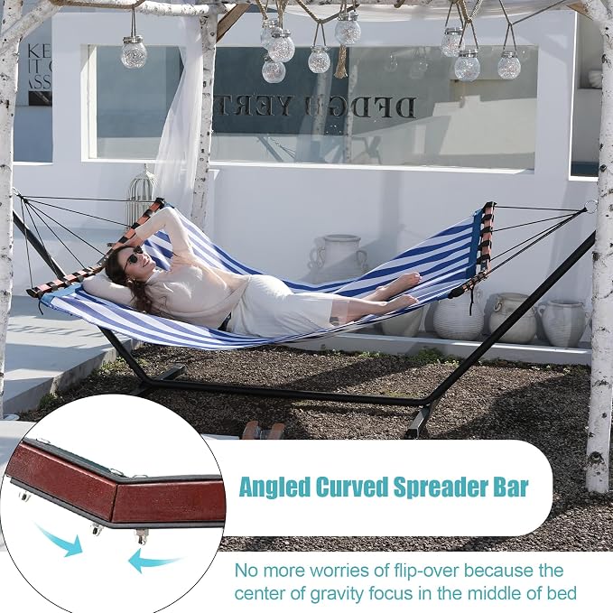 TegerDeger 12FT 2 Person Hammock Large Hammock Quick Dry 450LB Capacity with V Shaped Hardwood Spreader Bar & Nylon Rope for Outside, Patio, Garden, Backyard, Beach, Poolside - Blue Stripes - Image 3