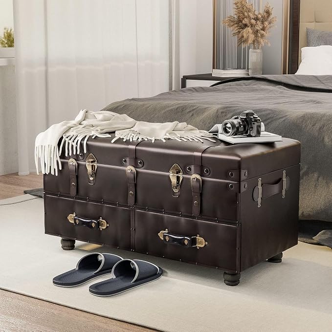 Vintage Storage Bench Upholstered Mid-Century Faux Leather Storage Ottoman Bed Bench Storage Chest for Hallway, Entryway, Bedroom, Dark Brown - Image 7