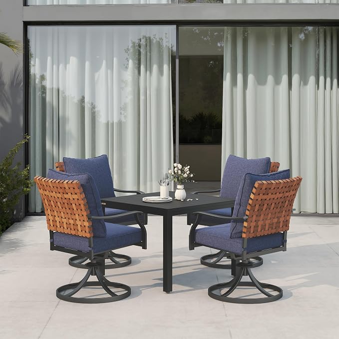 Grand patio 5-Piece Outdoor Dining Set, 4 Leather-Look Wicker Blue Swivel Patio Chairs & 1 Expandable Dining Table, Black - Image 2