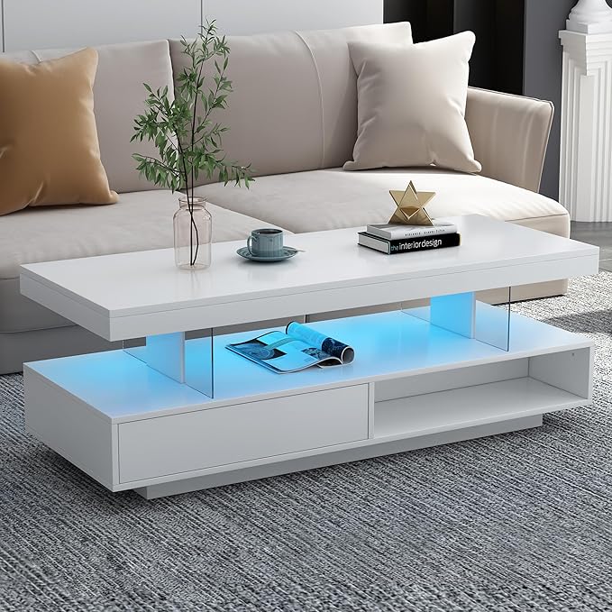 Modern LED Coffee Table with Storage, High Gloss Cocktail Center Table with Drawers, Display Shelves & LED Lights for Living Room, 51.2’’, White