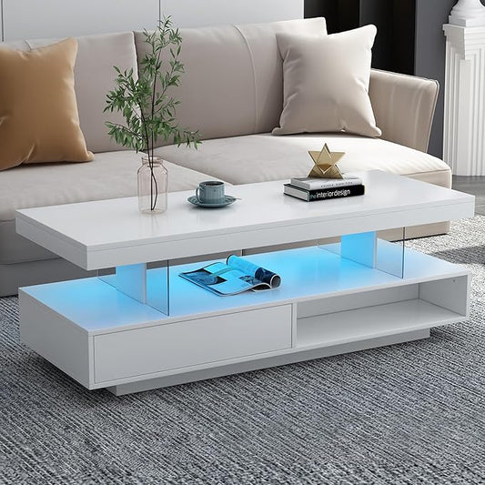 Modern LED Coffee Table with Storage, High Gloss Cocktail Center Table with Drawers, Display Shelves & LED Lights for Living Room, 51.2’’, White