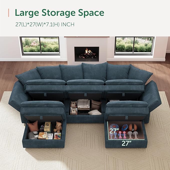HONBAY Modular Sectional Sofa, 105.5 Inch Deep Seat U Shaped Couch with Storage & Adjustable Armrest Backrest, Blue