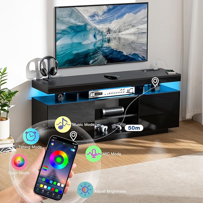 HOMMPA Modern LED TV Stand for 65/60/55 inch TV with Power Outlets - Gaming Console Storage Entertainment Center with LED Lights - Black - Image 3
