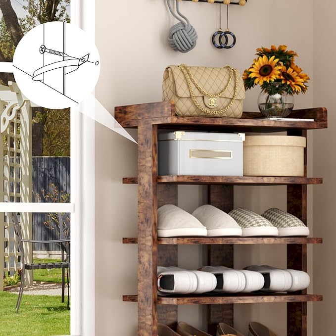 HOMEFORT 7-Tier Wood Shoe Rack, Double Rows Shoe Shelf, Shoe Storage Stand, Entryway Shoe Tower, Vertical Shoe Organizer for Narrow Closet, Entryway, Hallway, Rustic Brown - Image 9