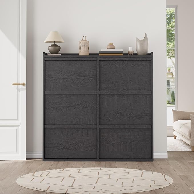 GarveeHome Shoe Cabinet with 6 Flip Drawers, Wooden Shoe Organizer Cabinet with Adjustable Shelf, Shoe Storage for Entryway, Hidden Shoe Cabinet for Hallway, Living Room, Black - Image 3